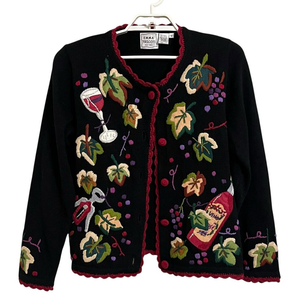Vintage Emma Tricot Wine Grapes Embroidered Cardigan Sweater